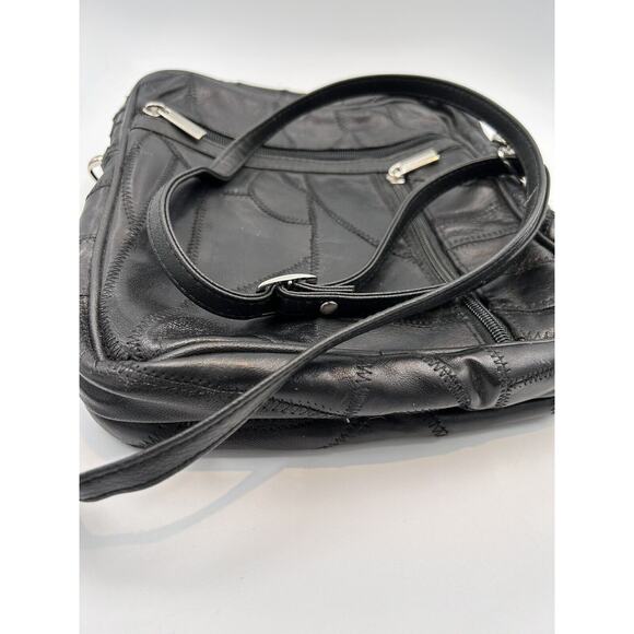 Vintage‎ Patch Leather Women Medium Black Crossbody Lined Sectional Shoulder Bag - Picture 6 of 11